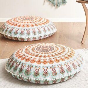 Plush Round Floor Pillows Set of 2, 32in Boho Meditation Cushions